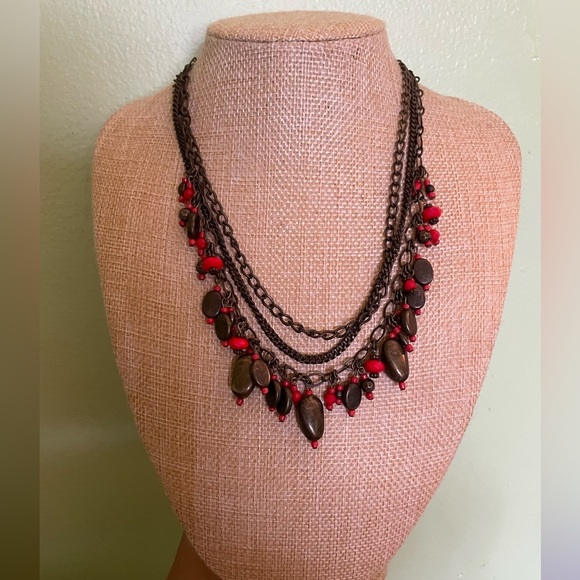 Elegant Red and Brown Layered Necklace - Picture 1 of 5